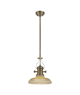 Latifi 1 Light Pendant E27 With 30cm Round Glass Shade, Antique Brass-Amber