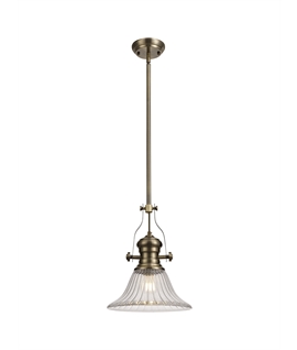 Latifi 1 Light Pendant E27 With 30cm Bell Glass Shade, Antique Brass-Clear