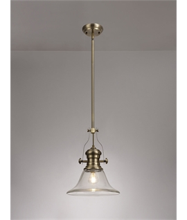Latifi 1 Light Pendant E27 With 30cm Smooth Bell Glass Shade, Antique Brass-Clear