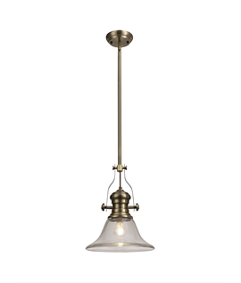 Latifi 1 Light Pendant E27 With 30cm Smooth Bell Glass Shade, Antique Brass-Clear