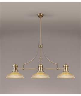 Latifi 3 Light Linear Pendant E27 With 30cm Round Glass Shade, Antique Brass, Amber