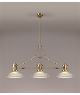 Latifi 3 Light Linear Pendant E27 With 30cm Round Glass Shade, Antique Brass, Clear