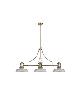 Latifi 3 Light Linear Pendant E27 With 30cm Round Glass Shade, Antique Brass, Clear