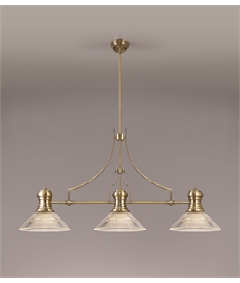 Latifi 3 Light Linear Pendant E27 With 30cm Cone Glass Shade, Antique Brass, Clear