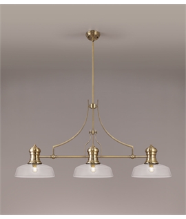 Latifi 3 Light Linear Pendant E27 With 30cm Flat Round Glass Shade, Antique Brass, Clear