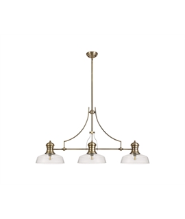 Latifi 3 Light Linear Pendant E27 With 30cm Flat Round Glass Shade, Antique Brass, Clear