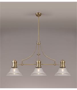 Latifi 3 Light Linear Pendant E27 With 30cm Smooth Bell Glass Shade, Antique Brass, Clear