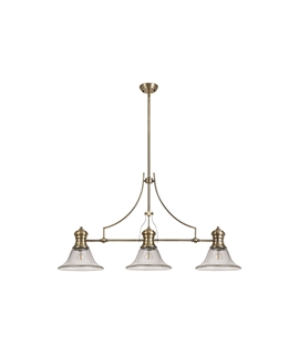 Latifi 3 Light Linear Pendant E27 With 30cm Smooth Bell Glass Shade, Antique Brass, Clear