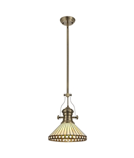 Rossi 1 Light Pendant E27 With 30cm Tiffany Shade, Antique Brass-Amber-Cream-Crystal