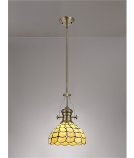Donohue 1 Light Pendant E27 With 30cm Tiffany Shade, Antique Brass-Beige-Clear Crystal