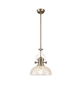Latifi Pendant With 30cm Flat Round Patterned Shade, 1 x E27, Antique Brass-Clear Glass