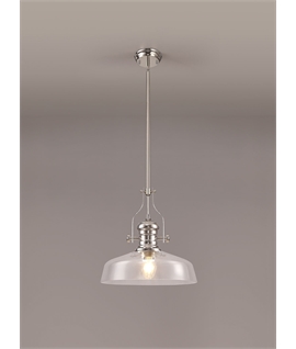 Latifi Pendant With 38cm Flat Round Shade, 1 x E27, Polished Nickel-Clear Glass