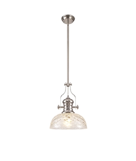 Latifi Pendant With 30cm Flat Round Patterned Shade, 1 x E27, Polished Nickel-Clear Glass