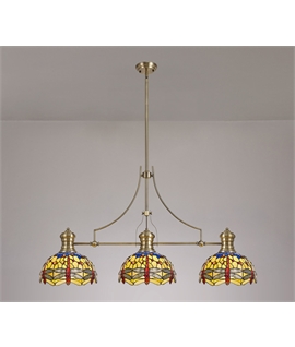 Grosjean 3 Light Linear Pendant E27 With 30cm Tiffany Shade, Antique Brass, Blue, Orange, Crystal
