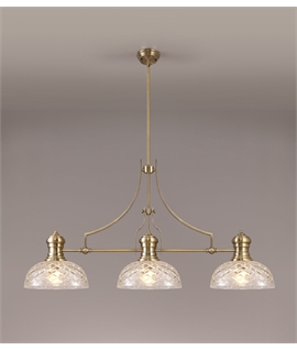 Latifi Linear Pendant With 30cm Flat Round Patterned Shade, 3 x E27, Antique Brass-Clear Glass