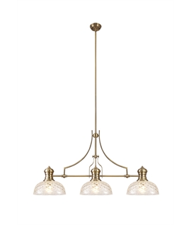 Latifi Linear Pendant With 30cm Flat Round Patterned Shade, 3 x E27, Antique Brass-Clear Glass