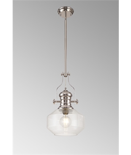 Latifi Single Pendant, 1 x E27, Round Champfered Glass, Polished Nickel - Clear