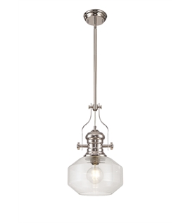 Latifi Single Pendant, 1 x E27, Round Champfered Glass, Polished Nickel - Clear