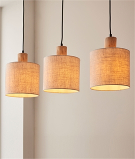 3 Light Bar Pendant  - Eucalyptus wood & Natural Linen Shades