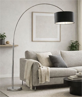 Modern Curved Floor Lamp in Chrome Finish with Black Fabric Shade