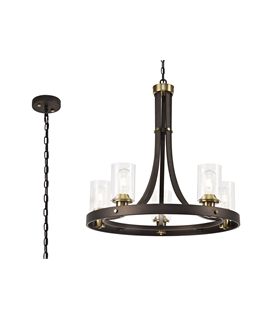 Luca Pendant 5 Light E27, Brown Oxide-Gold Bronze With Clear Glass Shades