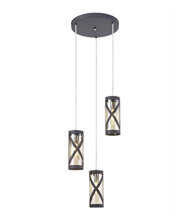 Menato 3 Light Round Pendant E14, Matt Grey-Polished Chrome-Cognac