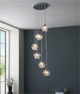 Modern Spiral Design 6 Light Chrome & Glass Cluster Pendant