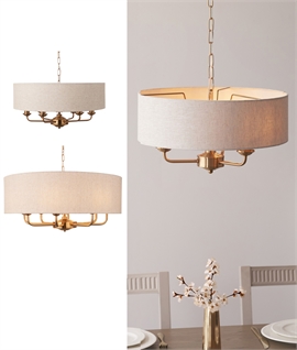 Brass Chandelier & Natural Linen Shade Pendant Lights