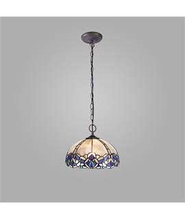Nino 2 Light Downlight Pendant E27 With 30cm Tiffany Shade, Blue-Clear Crystal-Aged Antique Brass