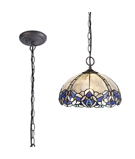 Nino 2 Light Downlight Pendant E27 With 30cm Tiffany Shade, Blue-Clear Crystal-Aged Antique Brass
