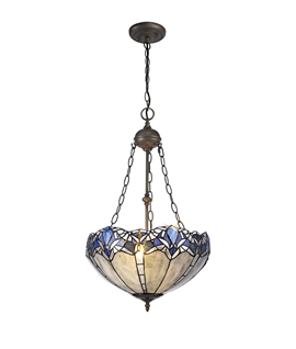 Nino 2 Light Uplighter Pendant E27 With 40cm Tiffany Shade, Blue-Clear Crystal-Aged Antique Brass