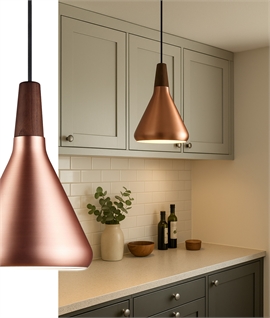 Brushed Copper & Walnut Wood Detail Flared Pendant