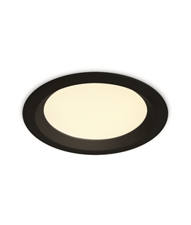 Black 30W SMD LED UGR19 downlight with adjustable CCT, IP44.