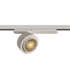 White 25W COB LED zoomable track spot 15�-45� with removable honeycomb.