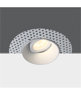 White Recessed Trimless adjustable mains spot with GU10 lamp holder.