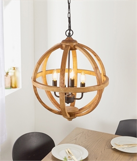 Wood Globe Pendant with 4 Lamp Chandelier Inside