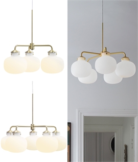 Opal Glass Globe and Brass Modern 3 or 5 Light Chandelier
