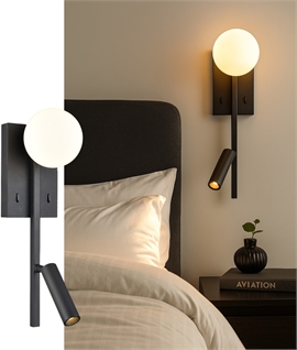 Black Bedside Wall Light - Opal Globe & Adjustable LED Reading Light