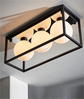 Modern Black Framed Bathroom Ceiling Light with Opal Globes - IP44 Rated