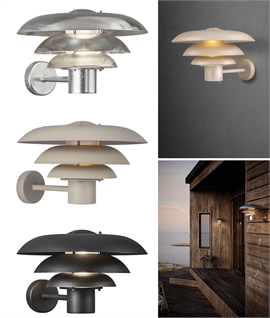 Outdoor Wall Light with Layered Scandi Shade - Low Glare Design in Black, Galvanised or Sand, IP44