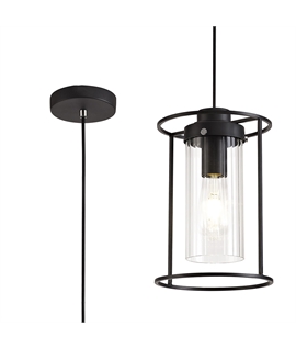 Pastor Single Pendant, 1 Light E27, Black-Clear Glass