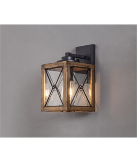 Penske Small Wall Lamp, 1 x E27, Wood Effect & Black-Clear Glass, IP54, 2yrs Warranty