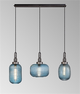 Linear 4 Light Pendant - Pewter & Petrol Blue Ribbed Shades