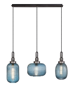 Linear 4 Light Pendant - Pewter & Petrol Blue Ribbed Shades