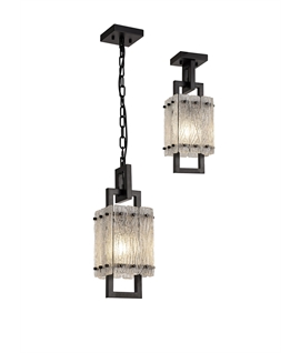 Piquet Small Square Pendant, 1 Light E27, Matt Black-Crystal Sand Glass