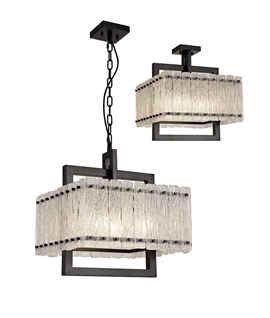 Piquet Large Square Pendant-Semi Flush, 5 Light E27, Matt Black-Crystal Sand Glass