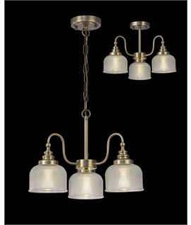 Prismo Semi Flush-Pendant, 3 Light E27, Antique Brass-Prismatic Glass