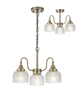 Prismo Semi Flush-Pendant, 3 Light E27, Antique Brass-Prismatic Glass