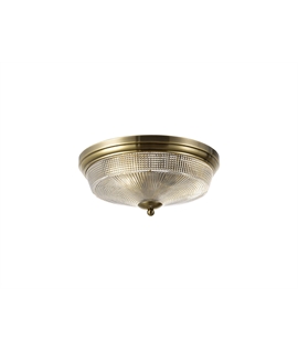 Prismo 2 Light E27 Flush Ceiling Light, Antique Brass-Prismatic Glass