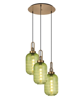 Brass Round 3 Light Cluster Pendant with Ribbed Green Shades